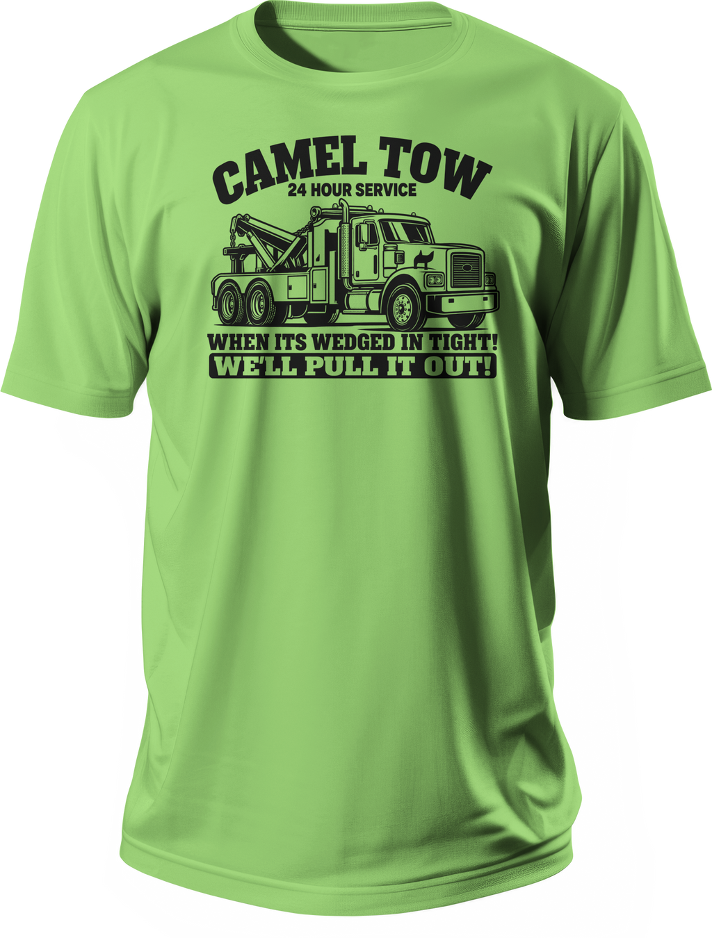 Camel Tow 24 Hour Service funny graphic t-shirt in lime green