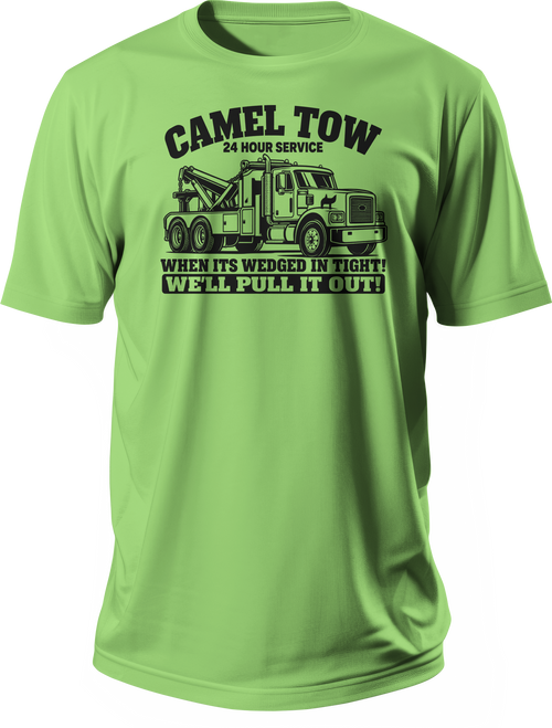 Camel Tow 24 Hour Service funny graphic t-shirt in lime green
