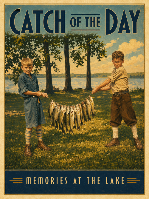 Catch of the Day Memories at the Lake vintage poster featuring two proud boys holding a stringer of fish on a lakeside lawn under oak trees with shimmering lake and summer sky behind them