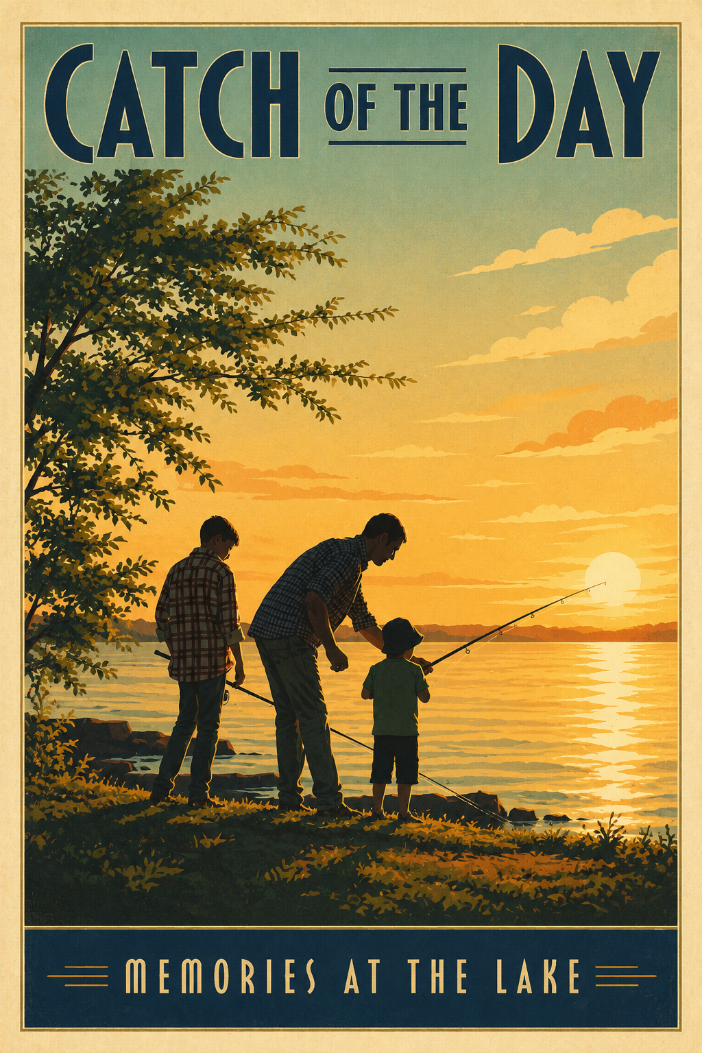 Catch of the Day Memories at the Lake vintage poster featuring father teaching young son to fish at lake edge with older brother watching, three silhouettes against a spectacular golden sunset