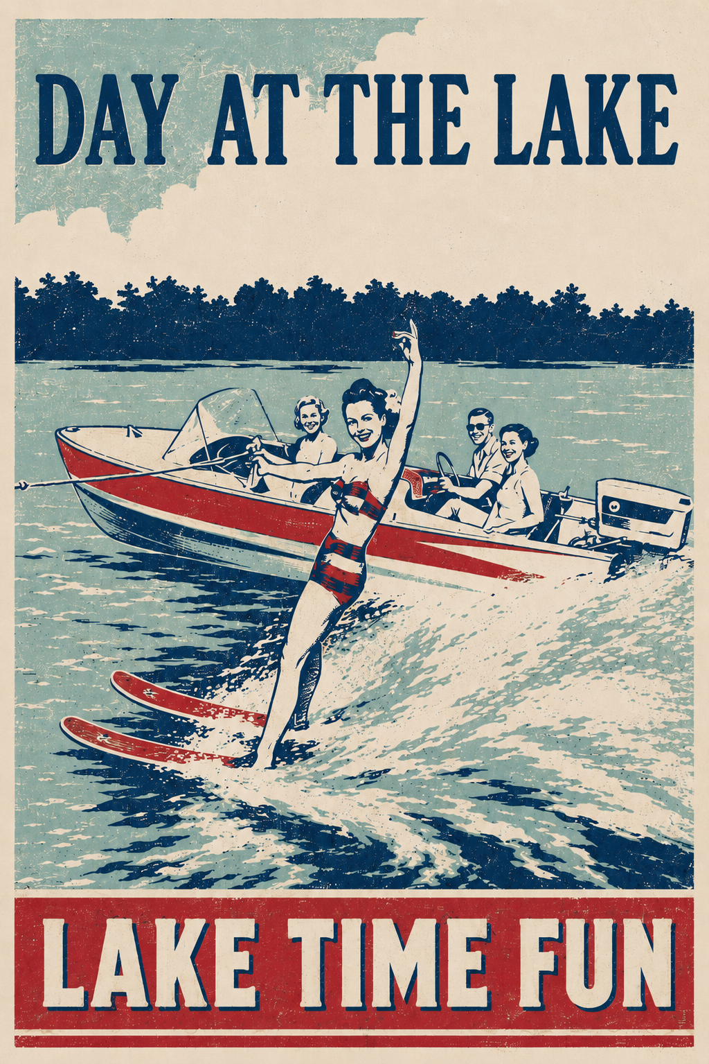 Day at the Lake Lake Time Fun vintage 1950s poster featuring a glamorous water skier waving one-handed behind a red speedboat with friends on a sparkling lake with dark treeline
