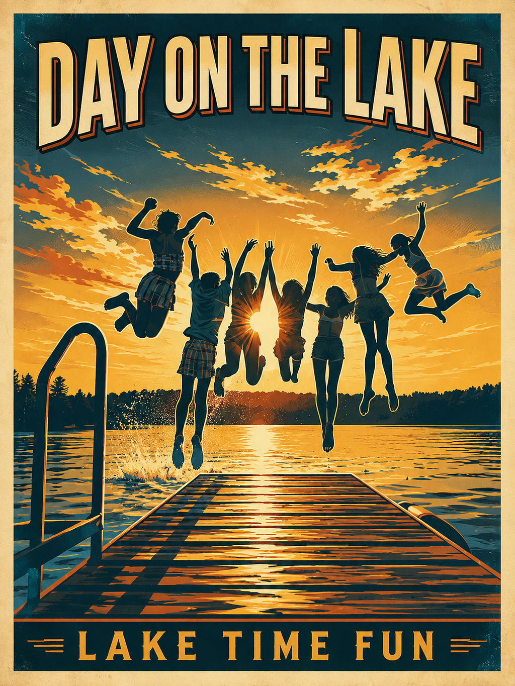 Day on the Lake Lake Time Fun vintage poster featuring six friends jumping off a dock in silhouette against a spectacular orange and gold lake sunset sky