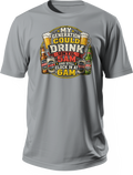 Grey T-shirt with a colorful beer and workday graphic that reads My Generation Could Drink Until 5AM and Still Clock In at 6AM