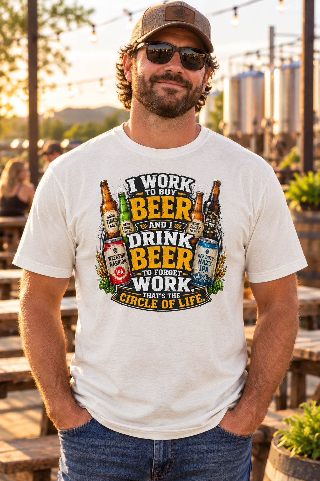 Front-print lifestyle photo for I Work to Buy Beer T-Shirt
