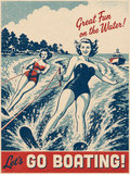 Let's Go Boating Great Fun on the Water vintage 1950s poster featuring two glamorous women tandem water skiing behind a classic wooden speedboat on a sparkling lake