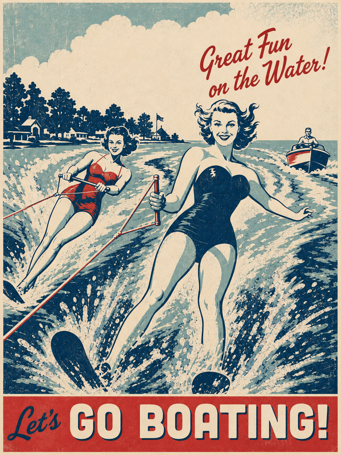 Let's Go Boating Great Fun on the Water vintage 1950s poster featuring two glamorous women tandem water skiing behind a classic wooden speedboat on a sparkling lake
