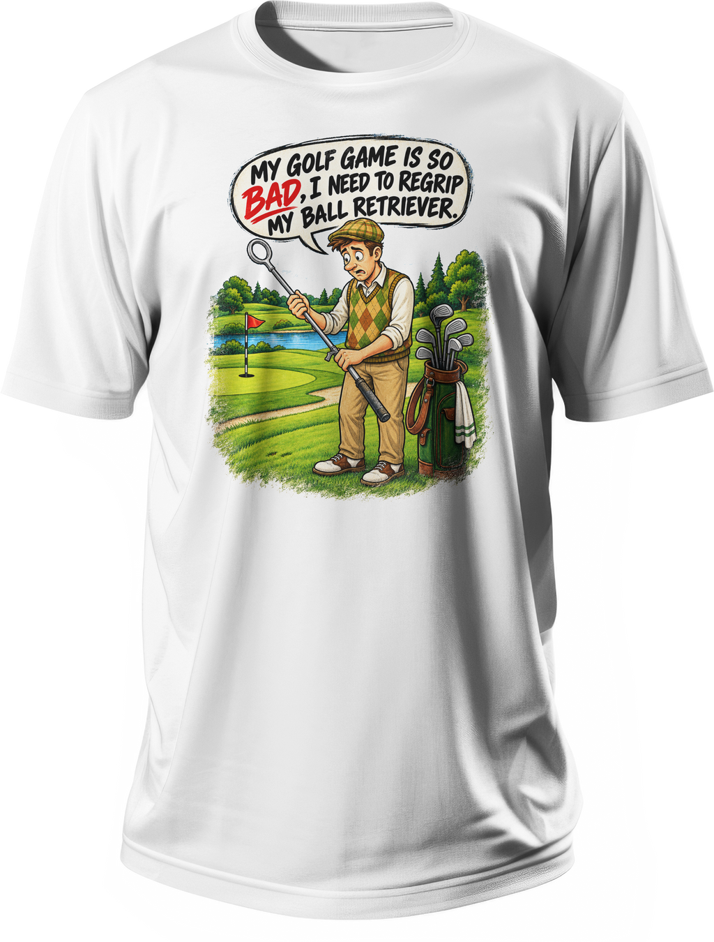 T-shirt with a golfer using a ball retriever and text that reads My golf game is so bad, I need to regrip my ball retriever