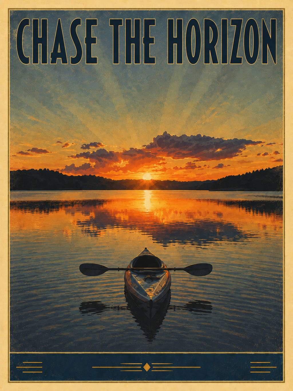 Chase the Horizon vintage poster featuring a lone kayak centered on a mirror-still lake with dramatic sunrays bursting through an orange and gold sunset sky reflected in the glassy water