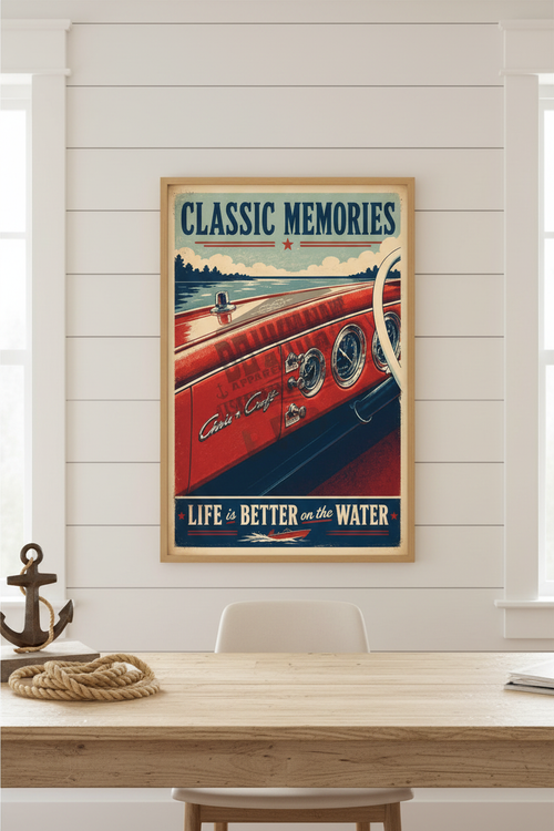 Classic Memories Vintage Poster framed in a coastal home office above a weathered wood desk