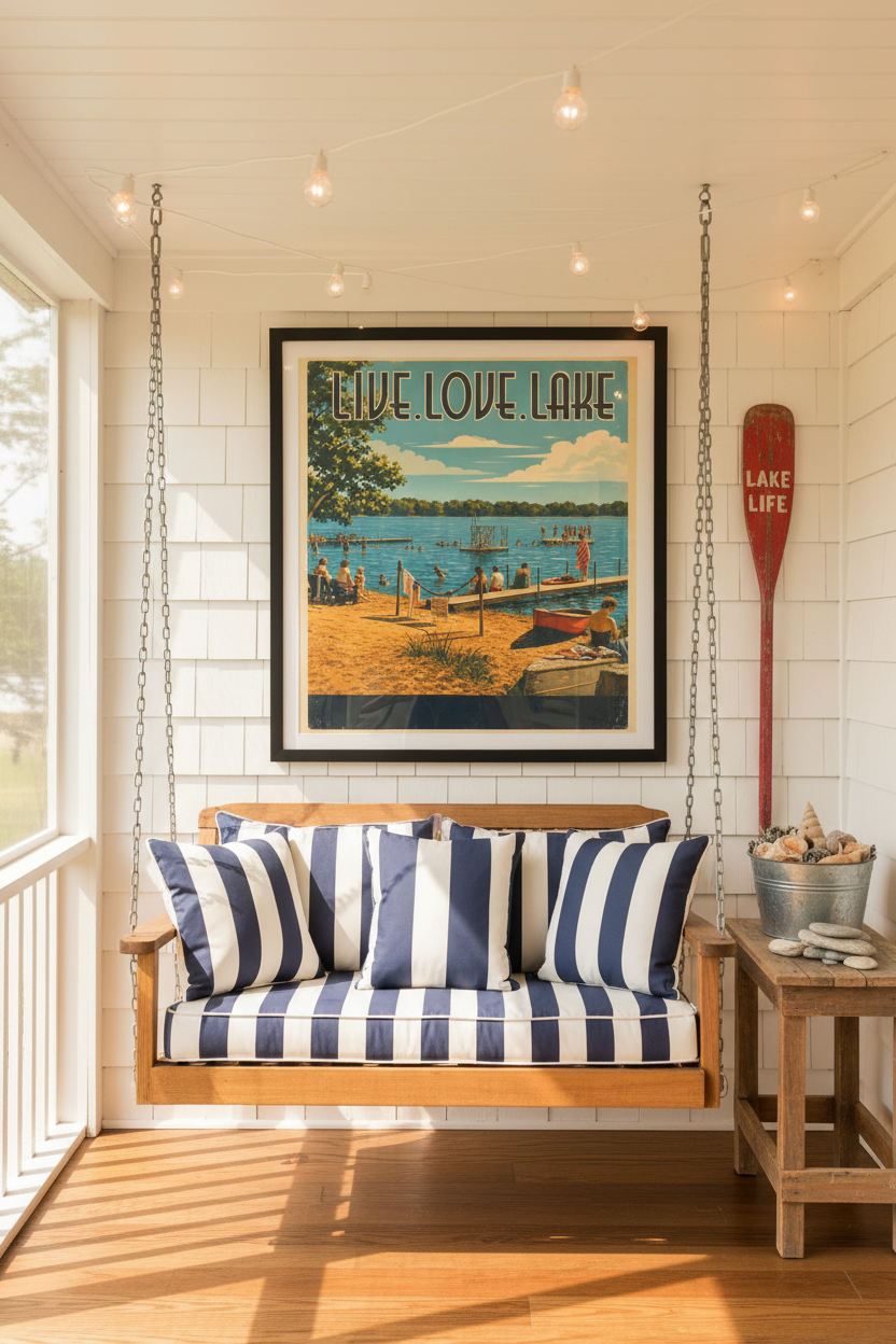 Live Love Lake vintage Midwest lake beach poster styled on white bead board wall above a vintage porch swing with navy and white ticking stripe cushions on a bright lake house screened porch with string lights and a weathered red rowboat oar