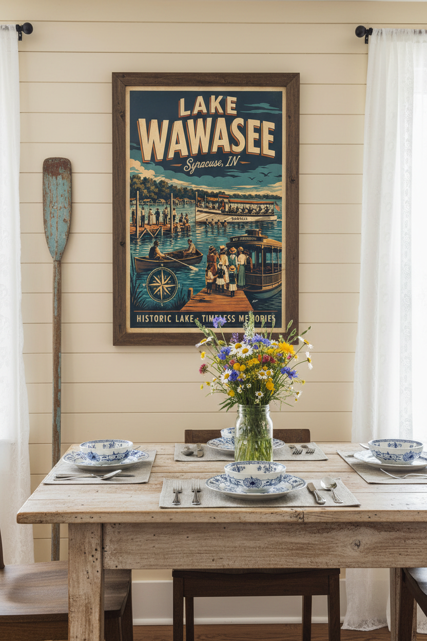 Lake Wawasee Syracuse Indiana vintage poster styled above a rustic farmhouse dining table with wildflowers and vintage dishes in a Midwest lake cottage