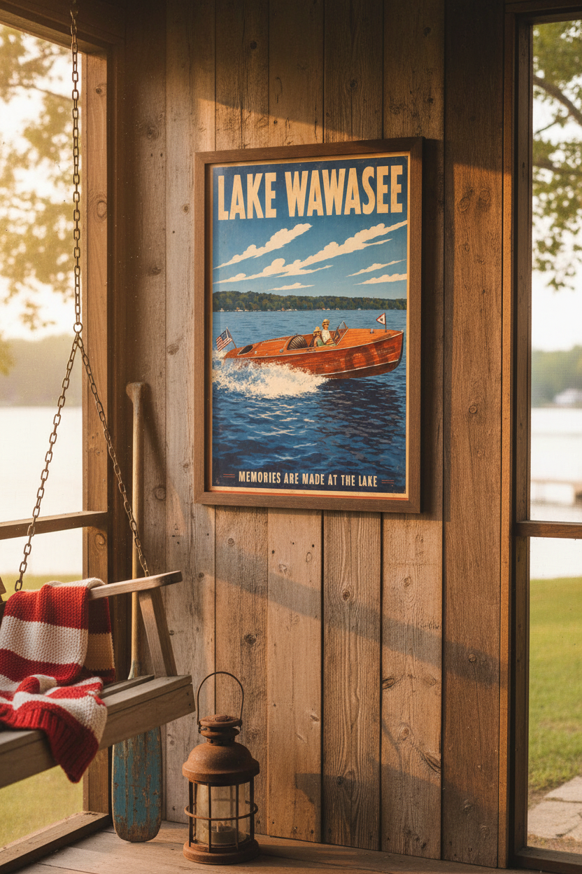 Lake Wawasee Memories Are Made at the Lake vintage poster styled on a lakeside screened porch with porch swing, dock lantern, and wooden oar in golden afternoon light