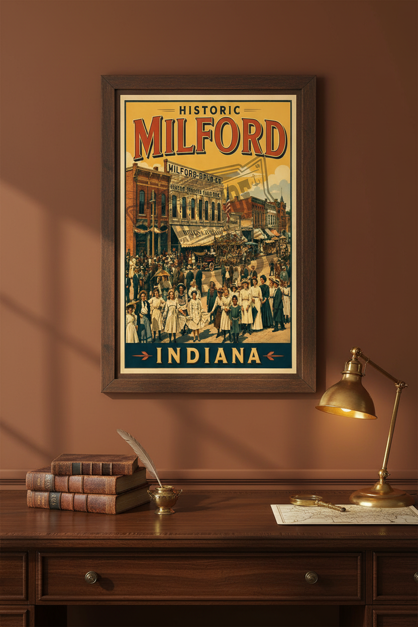 Historic Milford Indiana poster styled in a warm home office with vintage books and brass desk lamp