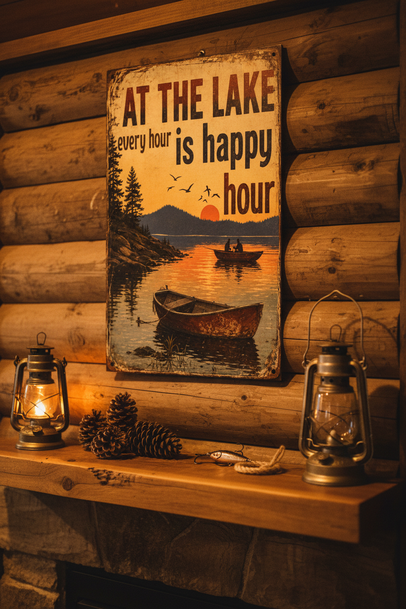 Rustic Happy Hour lake sunset poster styled in a cozy cabin interior with lanterns and fishing decor
