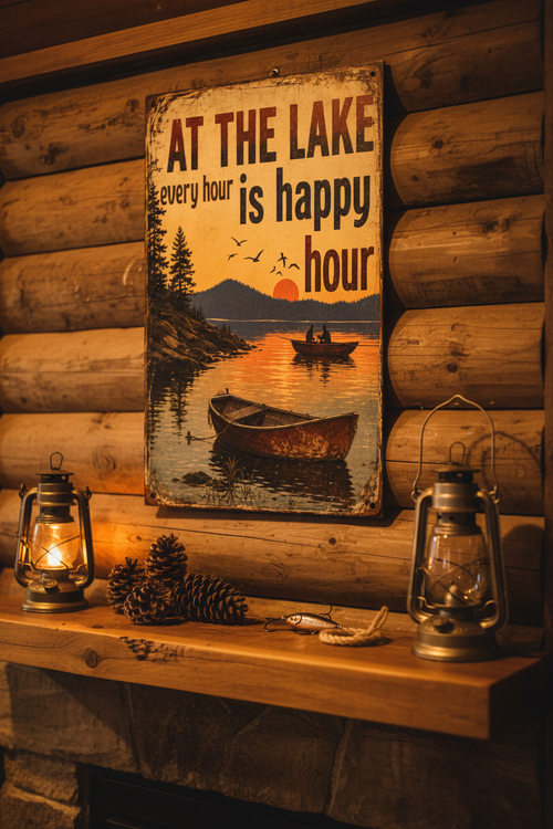 Rustic Happy Hour lake sunset poster styled in a cozy cabin interior with lanterns and fishing decor