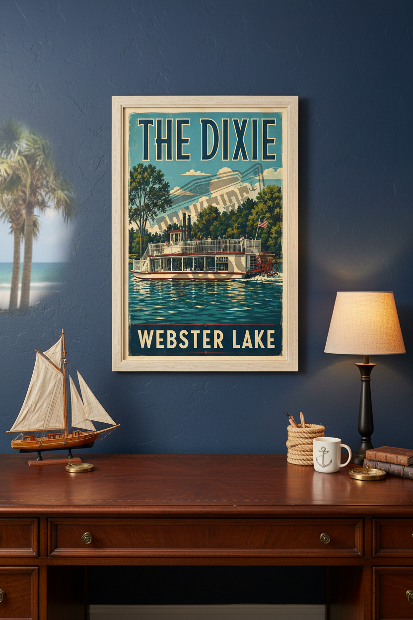 The Dixie paddlewheel steamboat poster styled in a coastal home office with nautical decor