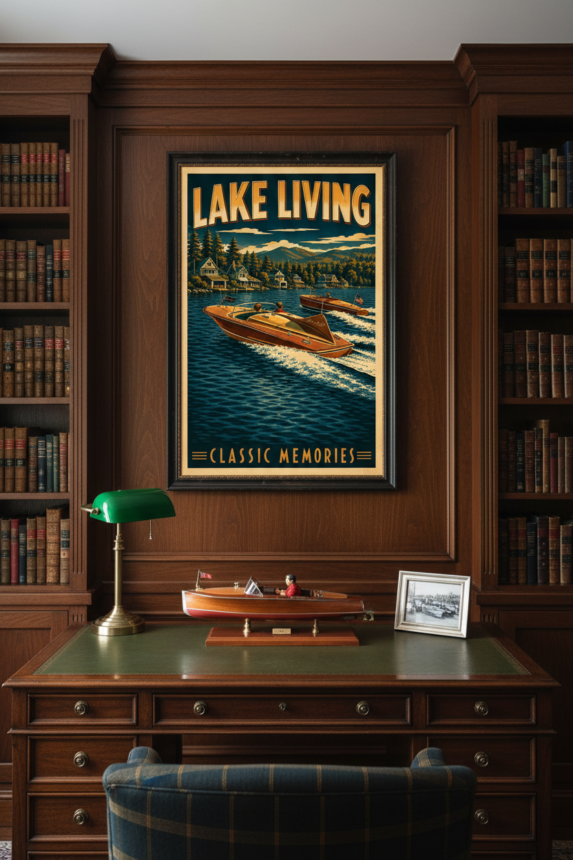Lake Living Classic Memories vintage Chris-Craft runabouts poster styled on dark walnut paneled walls above a leather-topped antique writing desk with brass lamp and model Chris-Craft boat in a distinguished lake house study