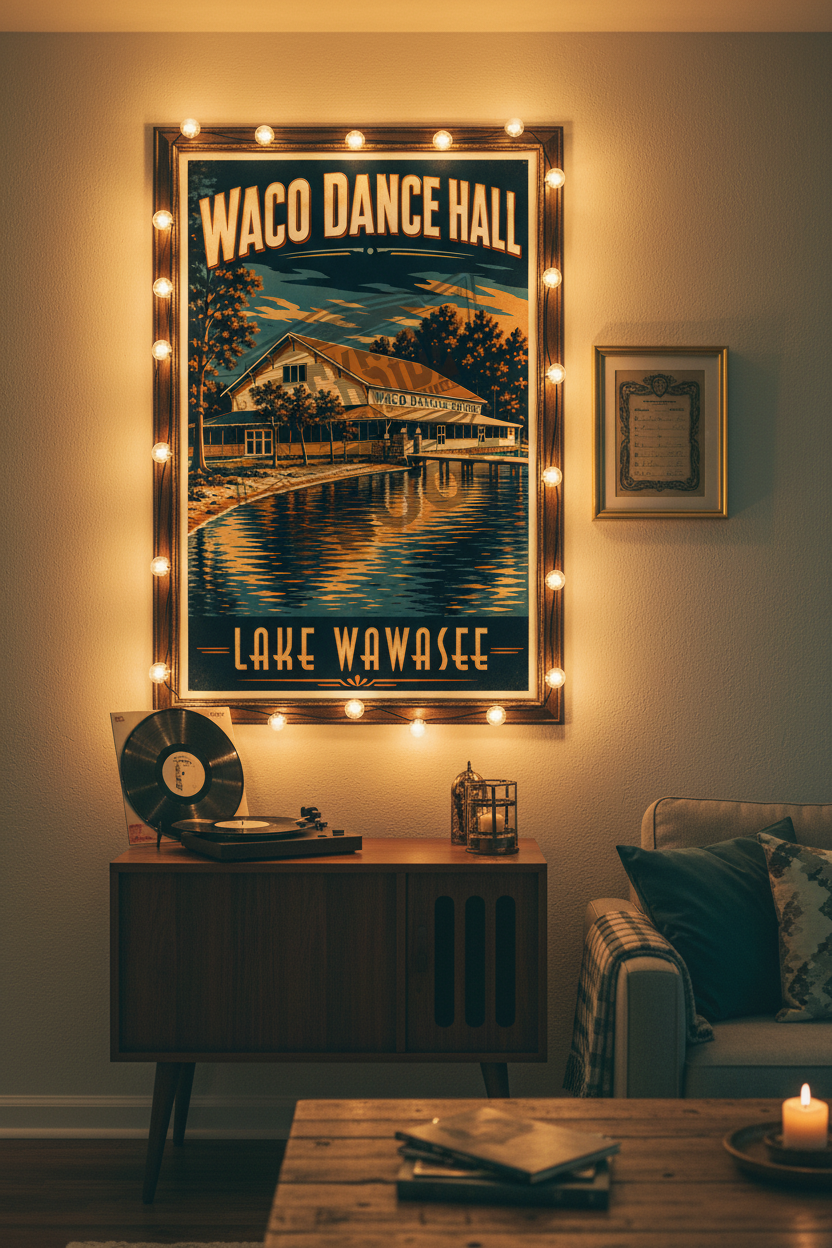 Waco Dance Hall Lake Wawasee vintage poster styled on a cream plaster wall above a vintage record player console with vinyl records and Edison bulb lights in a nostalgic lake house living room