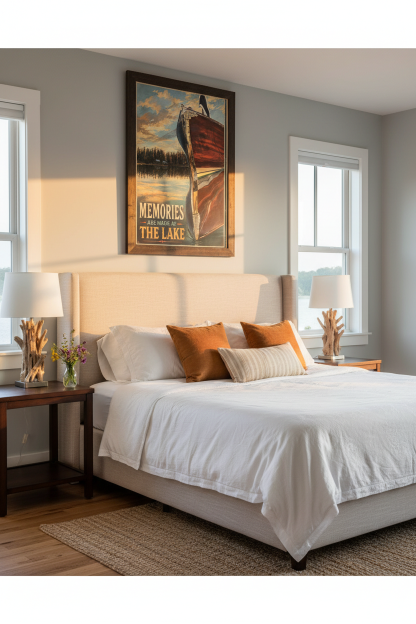 Memories Are Made at the Lake vintage wooden boat sunset poster styled above a linen headboard in a serene lake house master bedroom with driftwood lamps and wildflowers