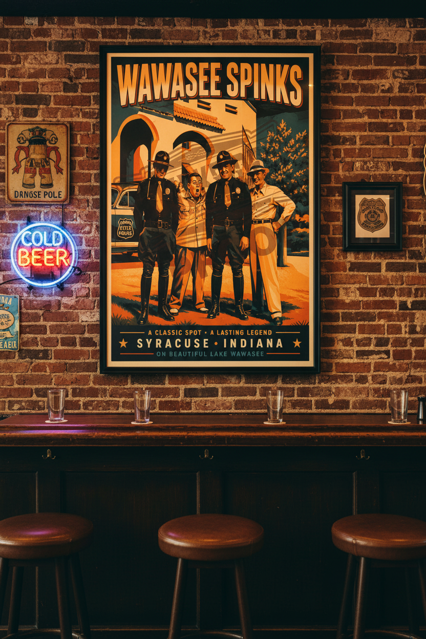 Wawasee Spinks A Classic Spot A Lasting Legend vintage poster styled on exposed brick above a dark wood bar with vintage beer signs and neon lights in a legendary lake house bar