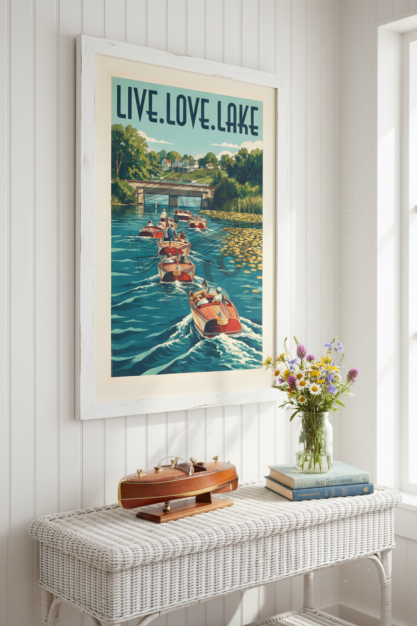 Live Love Lake poster styled on a white beadboard wall above a wicker console with a wooden boat model and wildflowers in a bright lake house sunroom