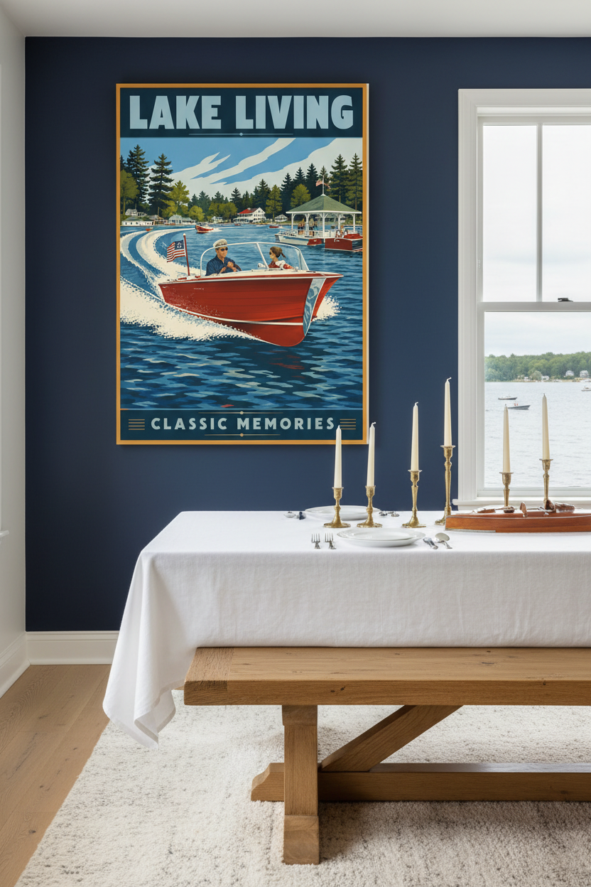 Lake Living Classic Memories vintage speedboat couple poster styled on a deep navy wall above a farmhouse dining table with brass candlesticks and a vintage wooden speedboat model centerpiece in an elegant lake house dining room