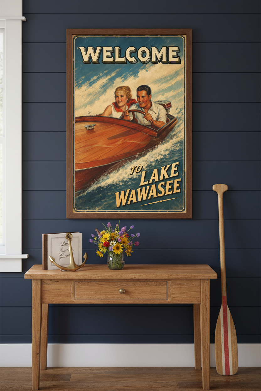 Welcome to Lake Wawasee vintage 1930s runabout couple poster styled on a navy shiplap wall above a vintage wooden console table with brass anchor bookend and wildflowers in a classic lake house entryway