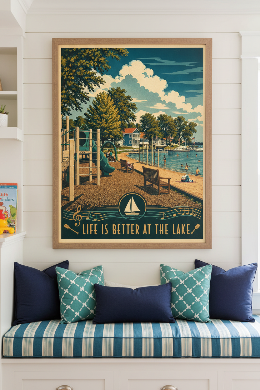 Life is Better at the Lake vintage lakefront park poster styled on white shiplap wall above a built-in window seat with navy and teal cushions in a bright lake house family room