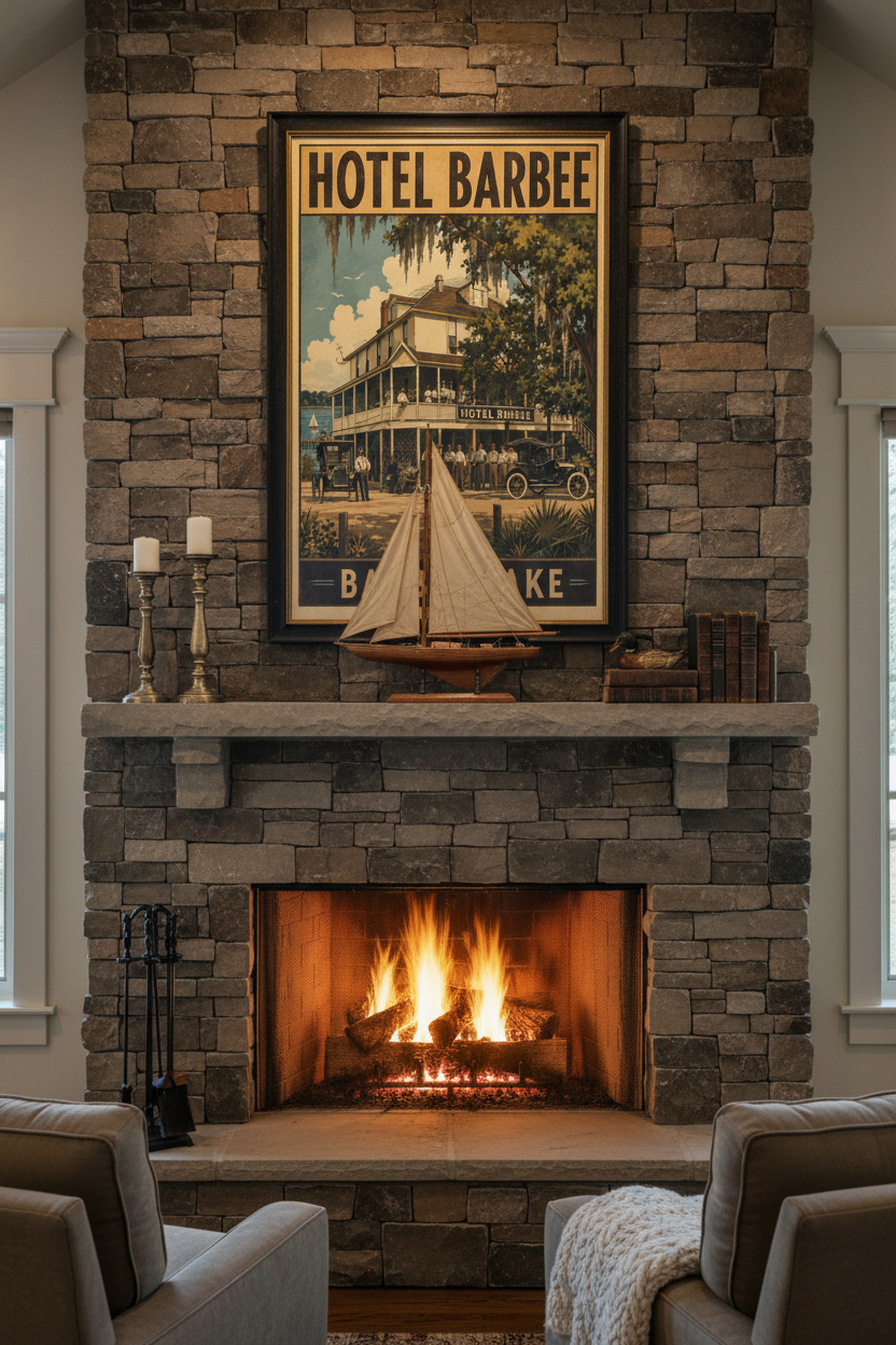 Hotel Barbee Classic Era poster styled above a stone fireplace in an elegant lake house great room