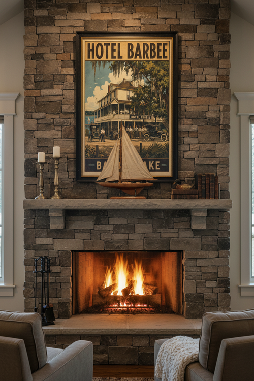 Hotel Barbee Classic Era poster styled above a stone fireplace in an elegant lake house great room