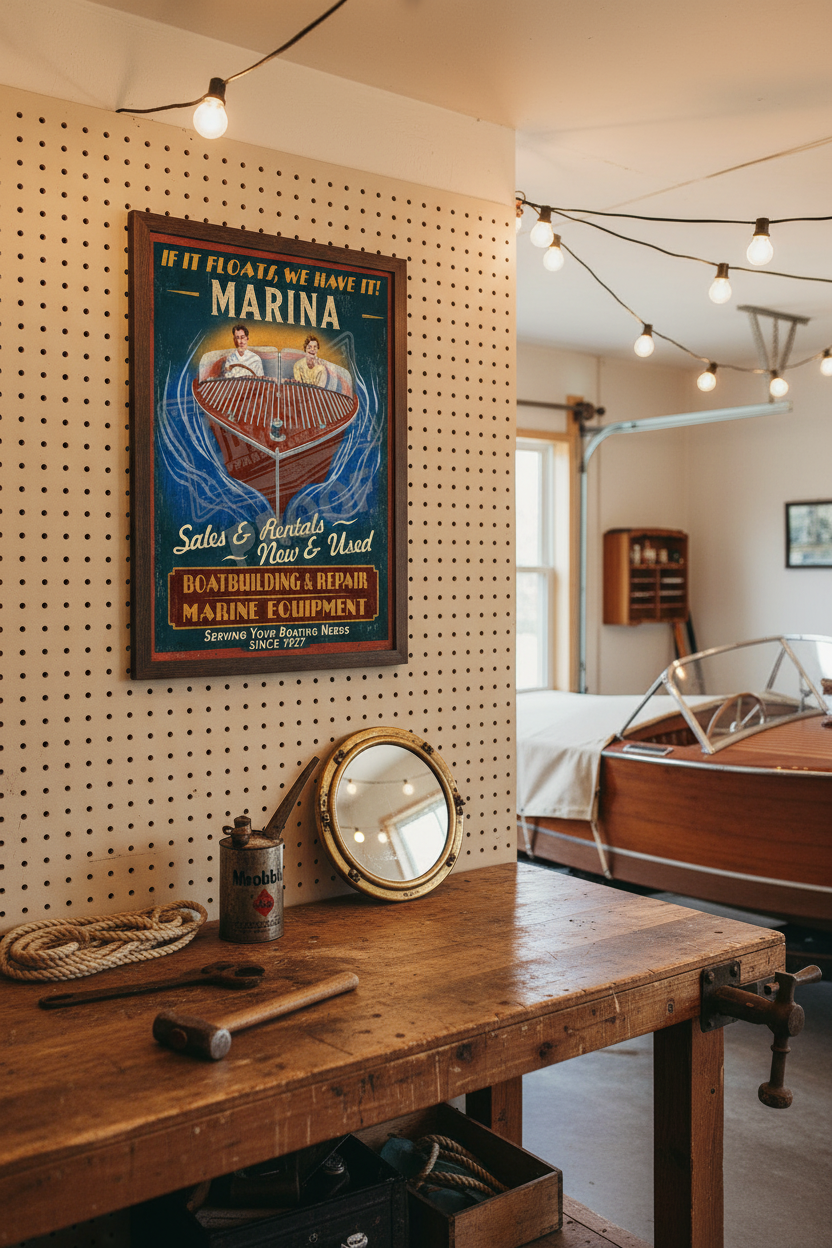 Personalized Marina If It Floats We Have It vintage poster styled on a pegboard wall in a vintage lake garage workshop with marine tools, brass porthole mirror, and classic wooden runabout