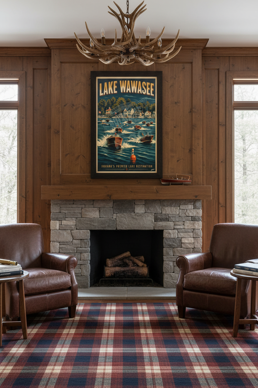Lake Wawasee Indiana's Premier Lake Destination vintage poster styled above a stone fireplace in a dark wood paneled lake lodge living room with leather club chairs and antler chandelier