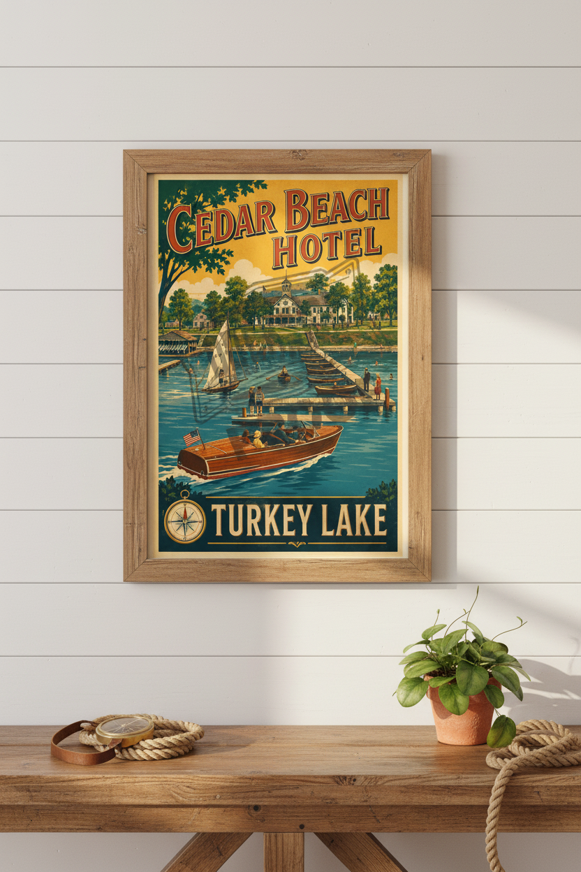 Cedar Beach Hotel Turkey Lake poster styled in a cozy lakehouse living room with nautical decor