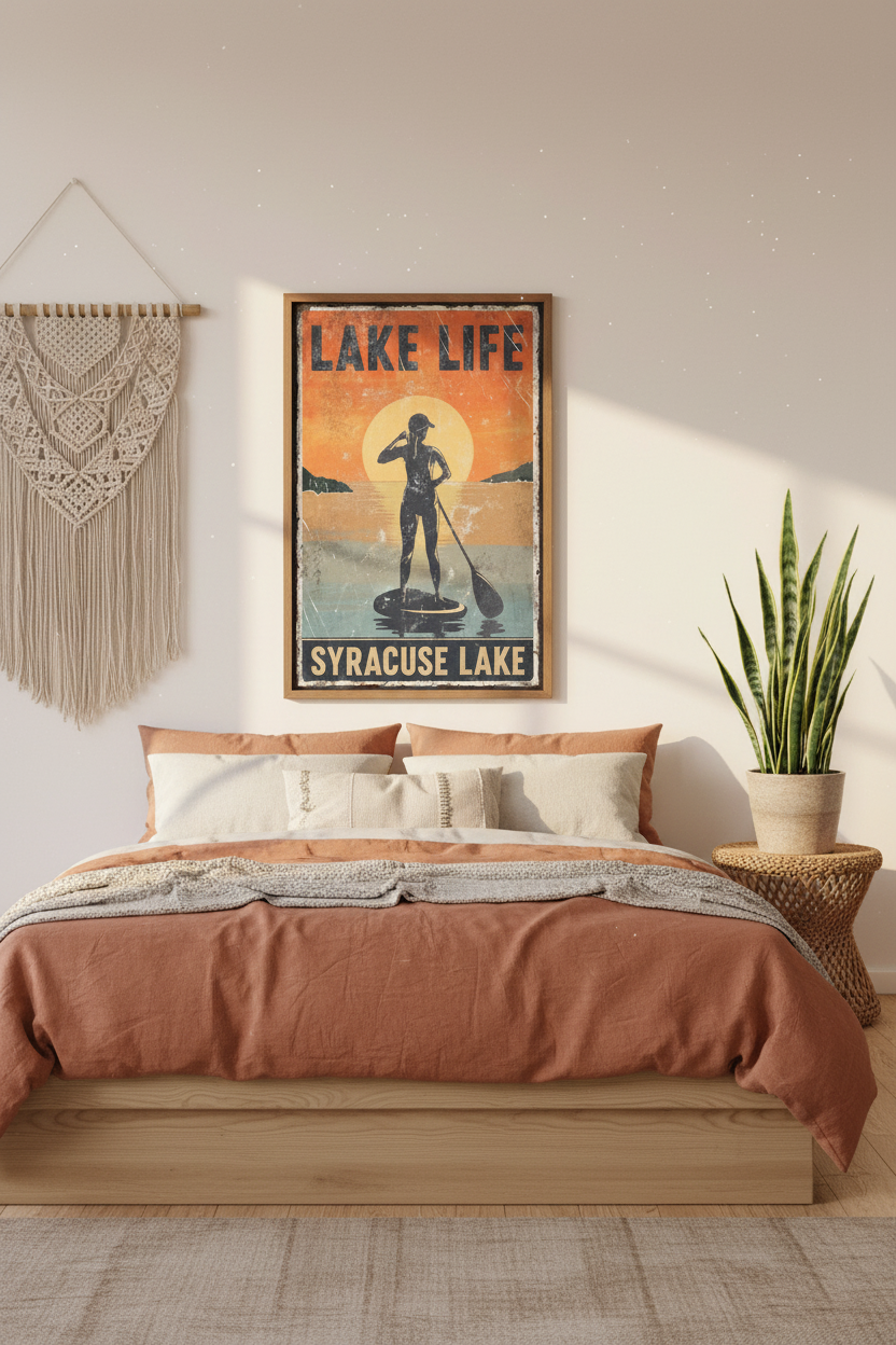 Lake Life Syracuse Lake vintage paddleboard sunset poster styled above a low platform bed with terracotta linen bedding, macrame wall hanging, and rattan nightstand in a modern boho lake house bedroom