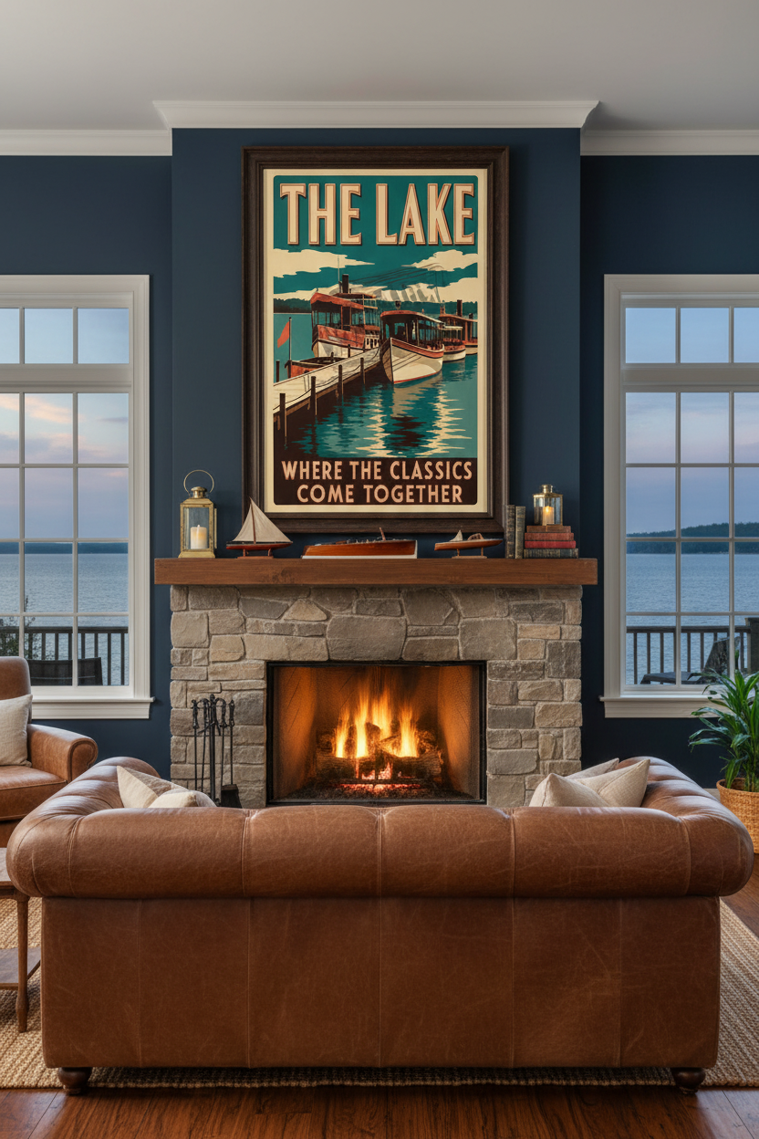 The Lake Where the Classics Come Together vintage poster styled on a dark navy wall above a stone fireplace with antique boat models, brass lanterns, and a cognac leather Chesterfield sofa in an elegant lake house great room