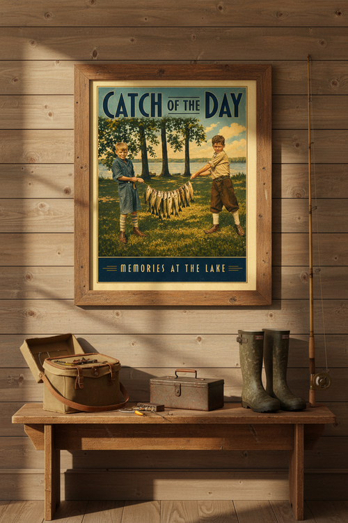 Catch of the Day Memories at the Lake vintage fishing poster styled on a natural wood shiplap wall above a wooden bench with fishing tackle, canvas creel and rubber boots in a cozy lake house family room