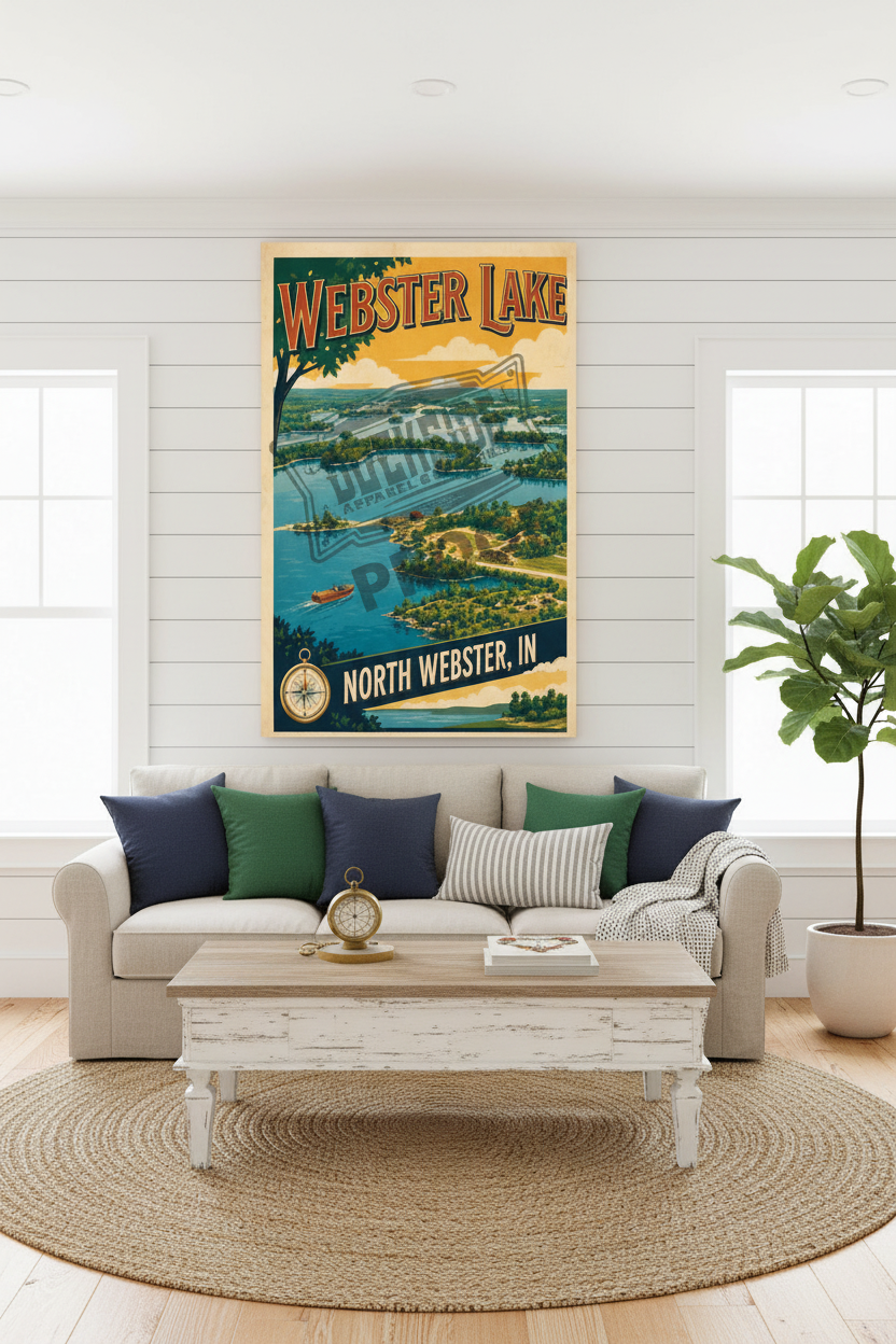 Webster Lake North Webster Indiana vintage aerial travel poster styled on a white shiplap wall above a natural linen sofa with navy and green pillows and a vintage brass compass on the coffee table in a bright Indiana lake house living room