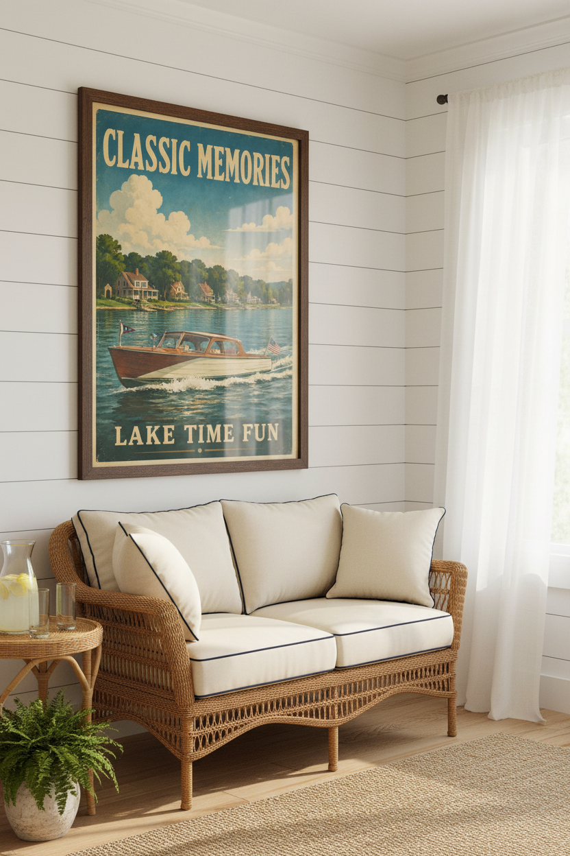 Classic Memories Lake Time Fun vintage mahogany cabin cruiser cottage row poster styled on white shiplap wall above a vintage wicker loveseat with cream and navy cushions in a bright lake house sunroom