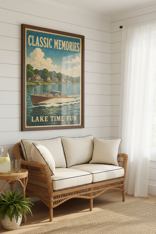 Classic Memories Lake Time Fun vintage mahogany cabin cruiser cottage row poster styled on white shiplap wall above a vintage wicker loveseat with cream and navy cushions in a bright lake house sunroom