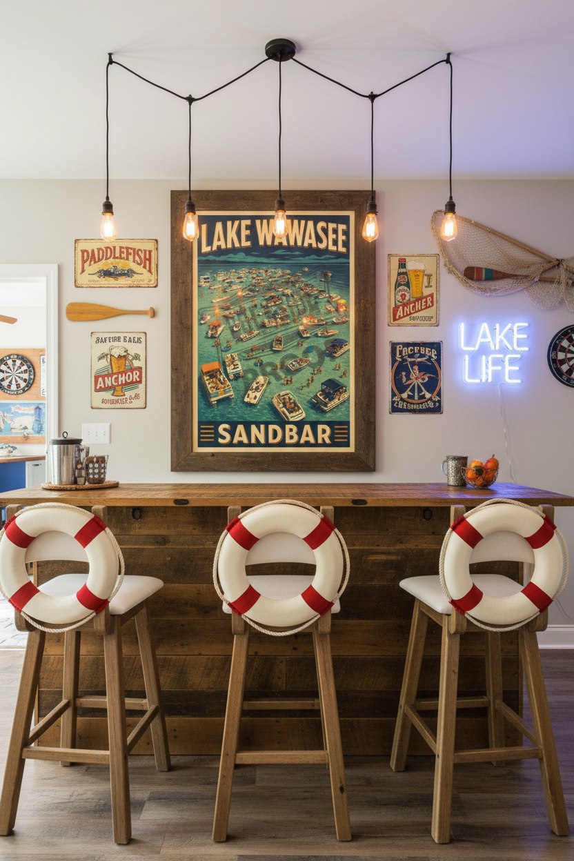 Lake Wawasee Sandbar vintage aerial poster styled above a reclaimed wood bar with Edison bulb lights, life preserver bar stools, and a neon Lake Life sign in a lake house game room