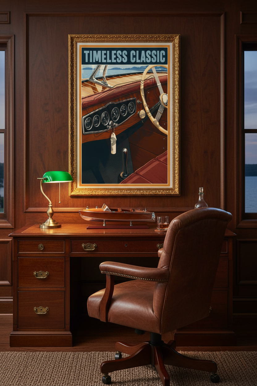 Timeless Classic vintage wooden boat cockpit poster styled on dark walnut paneled wall above a mahogany writing desk with brass lamp, model boat, and bourbon glass in a sophisticated lake house den