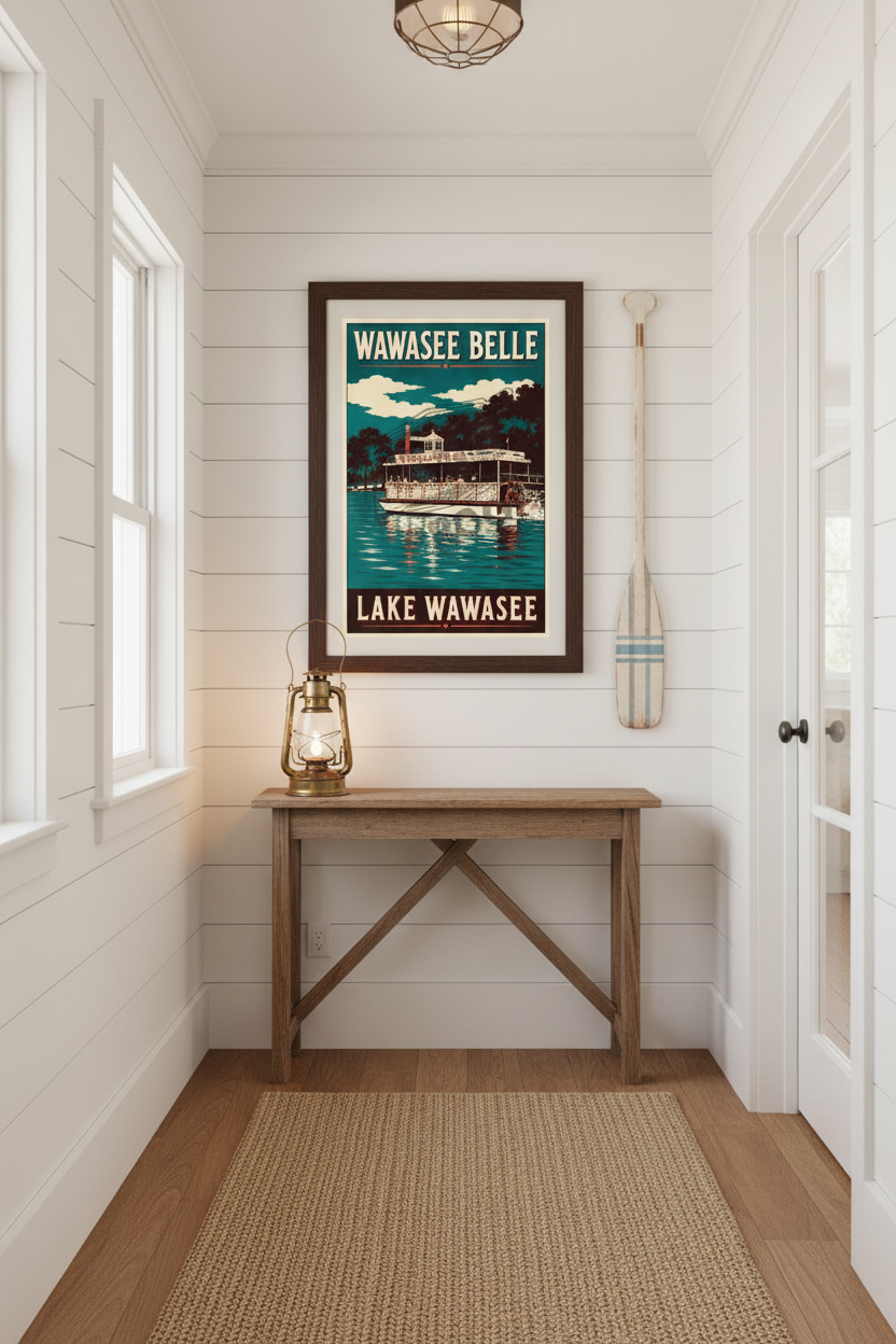 Wawasee Belle poster styled on a white shiplap wall with a vintage oar and ship's lantern in a charming lake cottage hallway