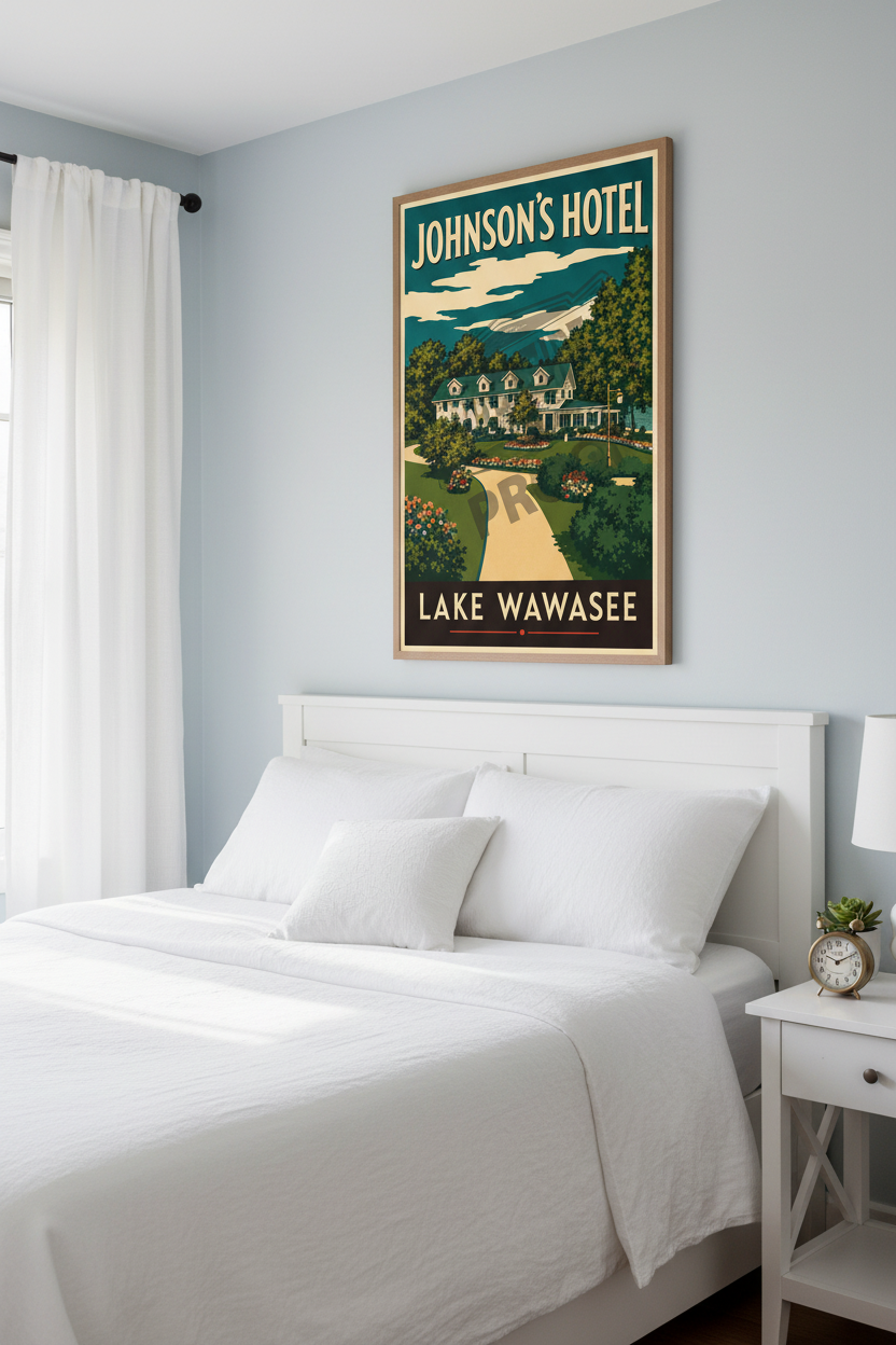 Johnson's Hotel Lake Wawasee poster styled above a white shiplap headboard in a bright lake cottage bedroom