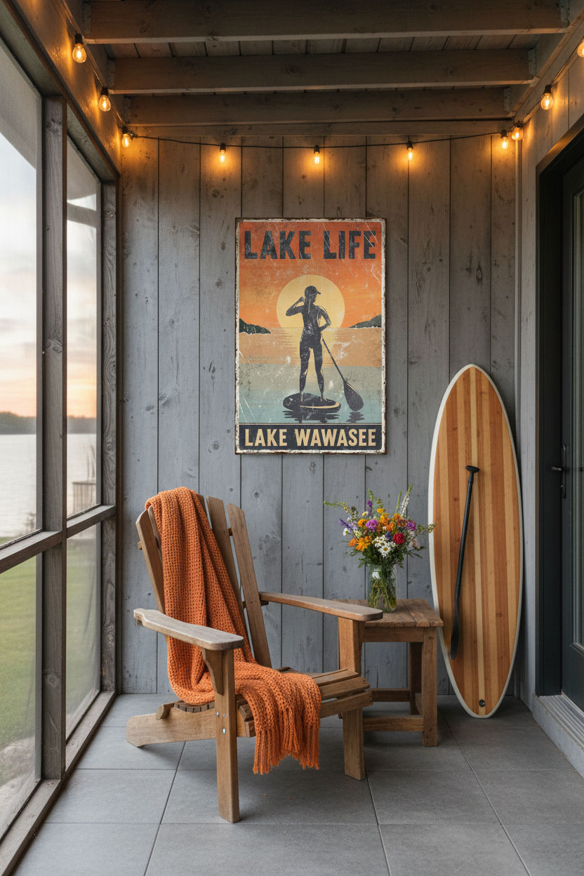 Lake Life Lake Wawasee vintage distressed paddleboard sunset poster styled on a weathered grey wood plank wall above a vintage Adirondack chair with orange throw blanket and paddleboard on a lake house screened porch