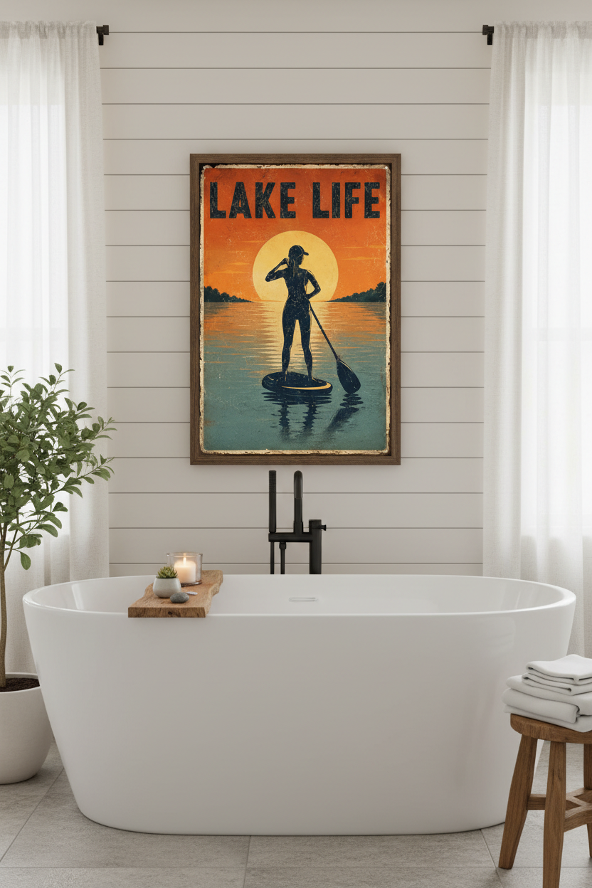 Lake Life vintage distressed SUP paddleboard sunset poster styled on white shiplap wall above a freestanding soaking tub with wooden bath tray, candle and lake stones in a serene lake house spa bathroom