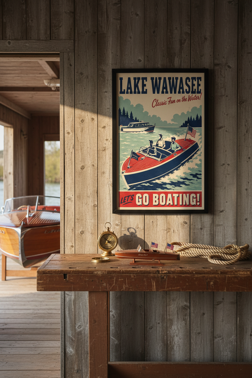 Lake Wawasee Classic Fun on the Water vintage poster styled in a lakeside boathouse with brass compass, nautical rope, and model Chris-Craft wooden boat