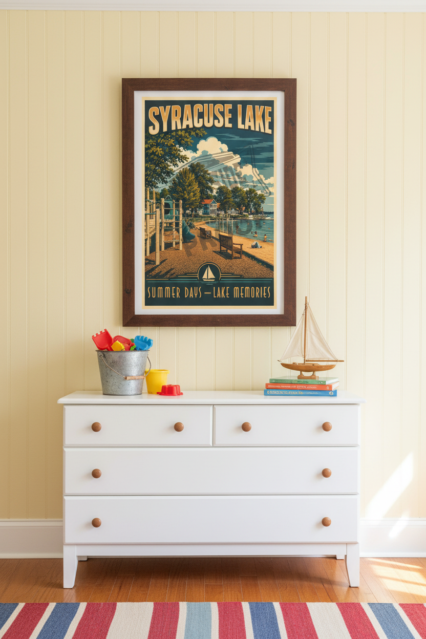 Syracuse Lake Summer Days Lake Memories vintage poster styled in a sunny family lake cottage children's bedroom with yellow beadboard wall, beach toys, wooden sailboat, and striped rag rug