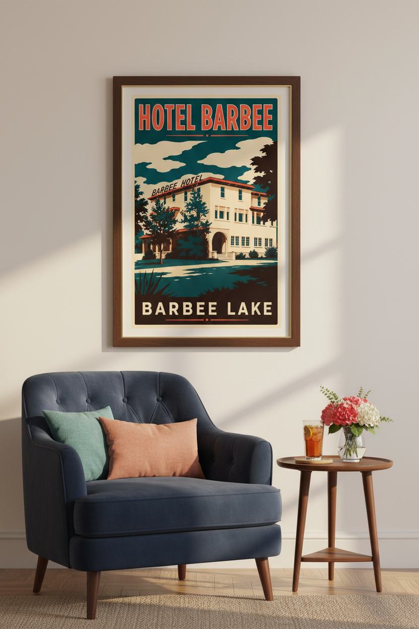 Hotel Barbee Barbee Lake poster styled in an elegant lakehouse sitting room with navy armchair