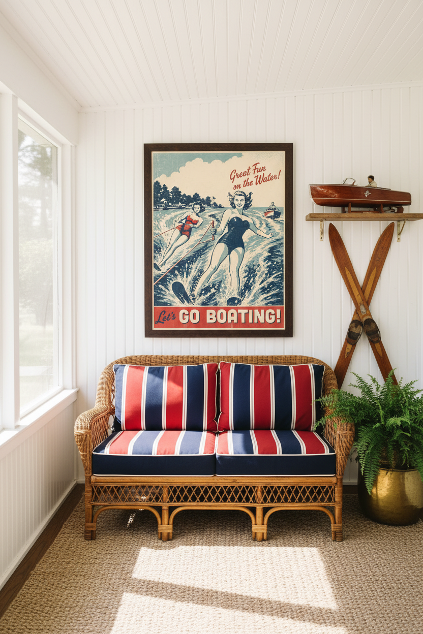 Let's Go Boating Great Fun on the Water vintage 1950s tandem water skiing poster styled on white bead board wall above vintage rattan loveseat with nautical stripe cushions and Chris-Craft model boat in a chic lake house sunroom