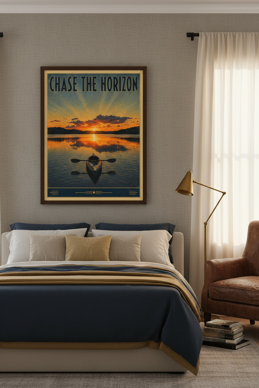 Chase the Horizon vintage kayak sunset poster styled on a warm greige linen wall above a king bed with navy and gold bedding in a serene lake house master bedroom